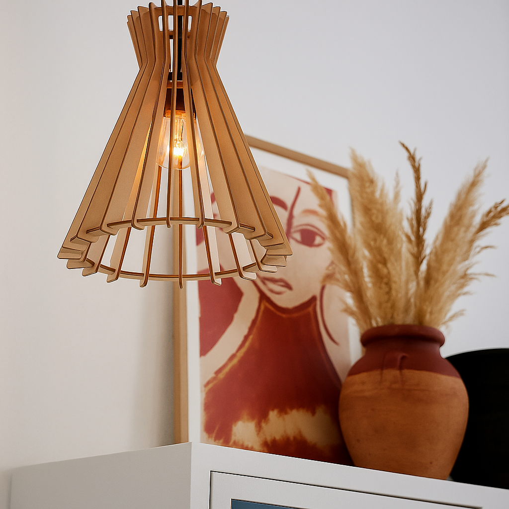 Wooden pendant lamp with open structure