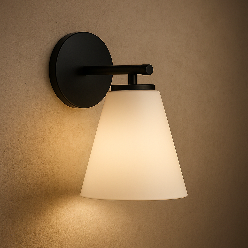 Wall lamp with matte black finish and opal glass