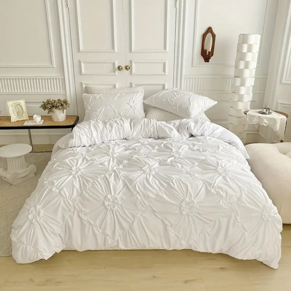 Ruffle Flower Quilt Cover Set Elegant Pinch-Pleated Bedding with Pillowcases