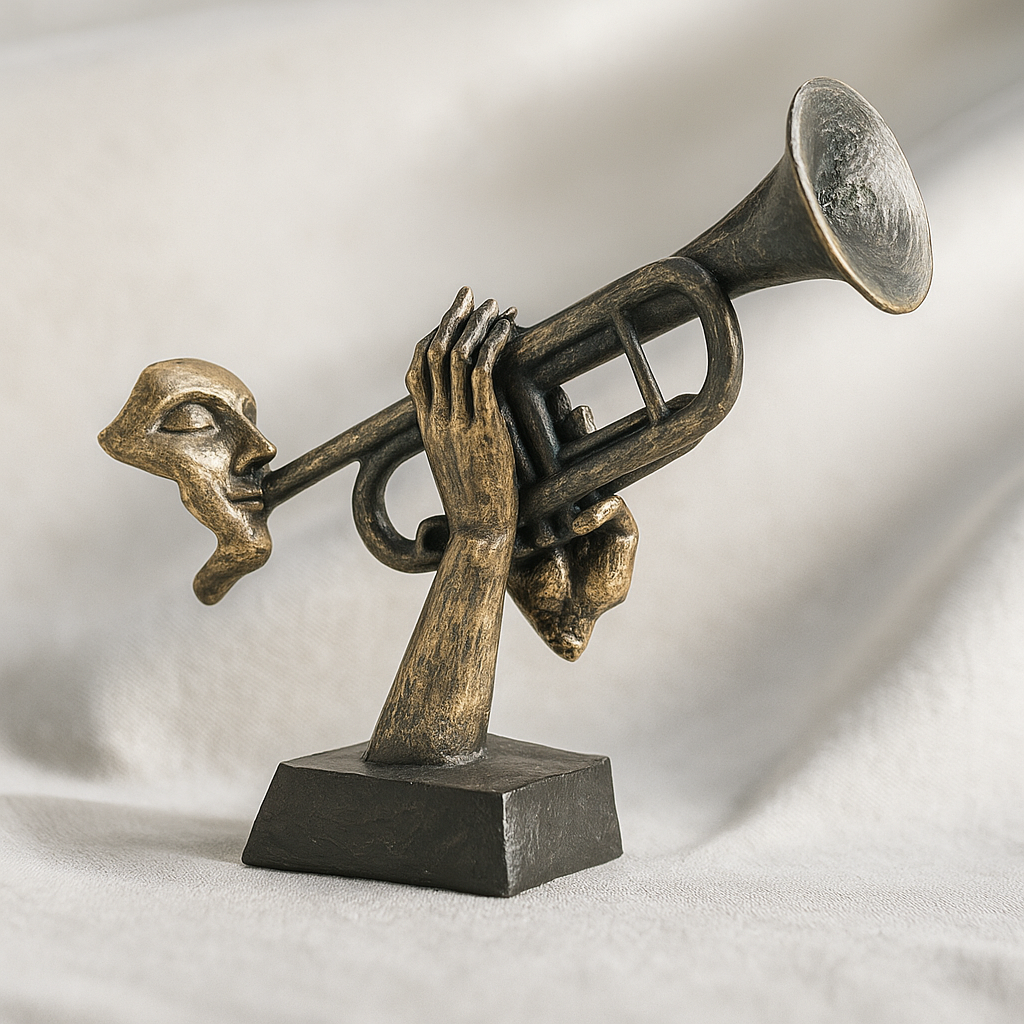 Sculptuur met gezicht en trompet