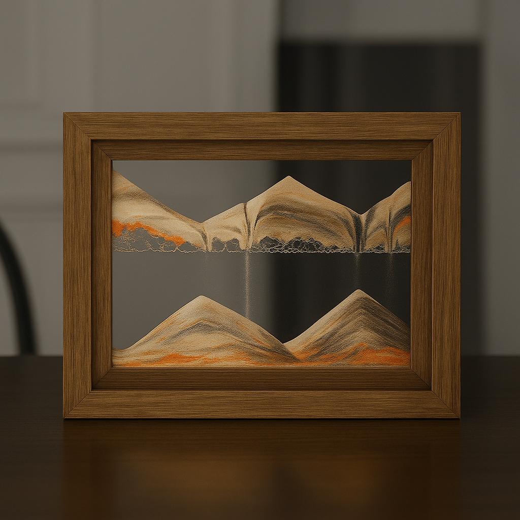 Gyroscopic wooden rotating frame with moving sand landscape