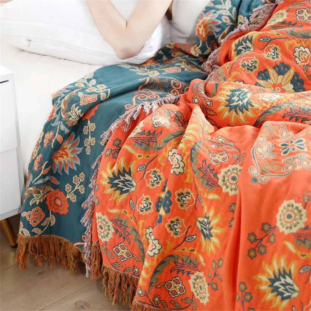 Marigold Reversible Throw Blanket Floral Orange & Teal Sofa and Travel Blanket