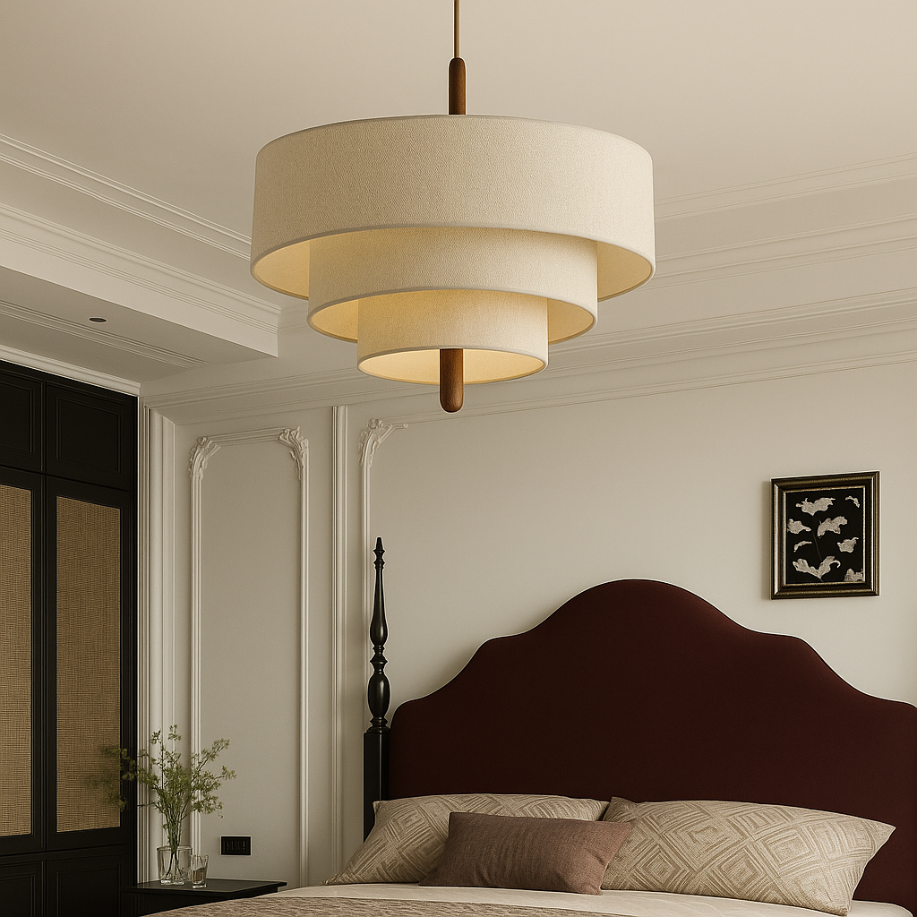 Linen low layered pendant lamp of fabric and wood
