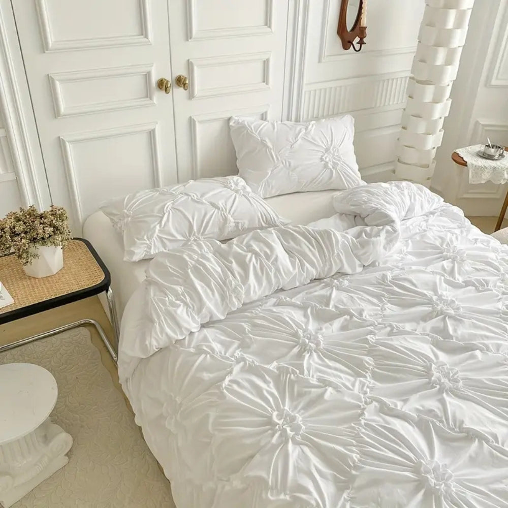 Ruffle Flower Quilt Cover Set Elegant Pinch-Pleated Bedding with Pillowcases