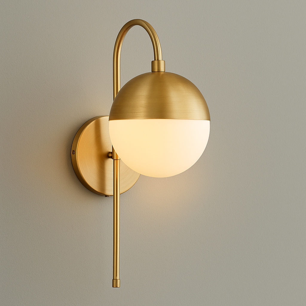 Wall lamp with curved brass frame and opal glass globe