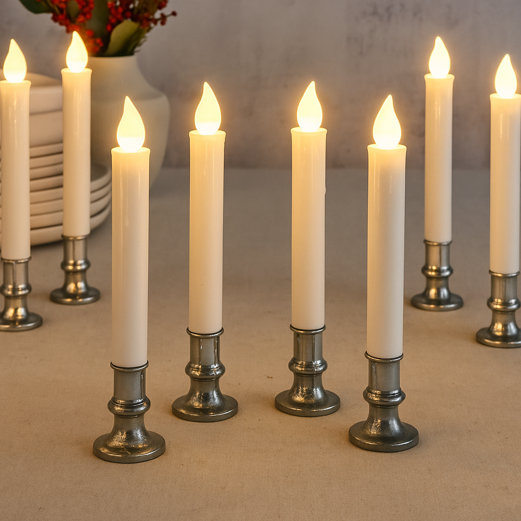 Set of eight LED candles with silver-colored base