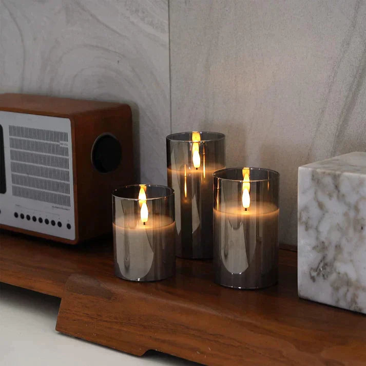 Set of 3 LED Wax Candle Lamps with Glass Cover Realistic Flickering Flame Effect