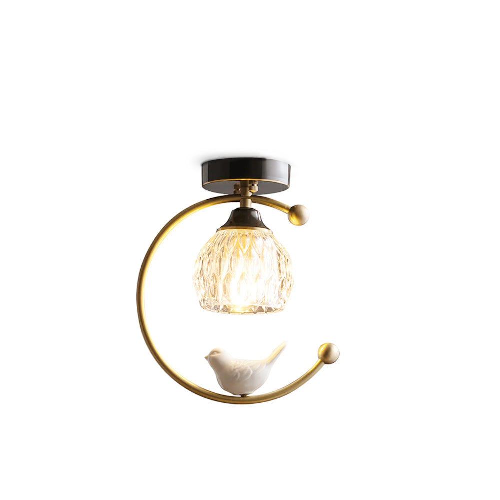 Modern Brass Ceiling Light with Glass Shade and Ceramic Bird Detail