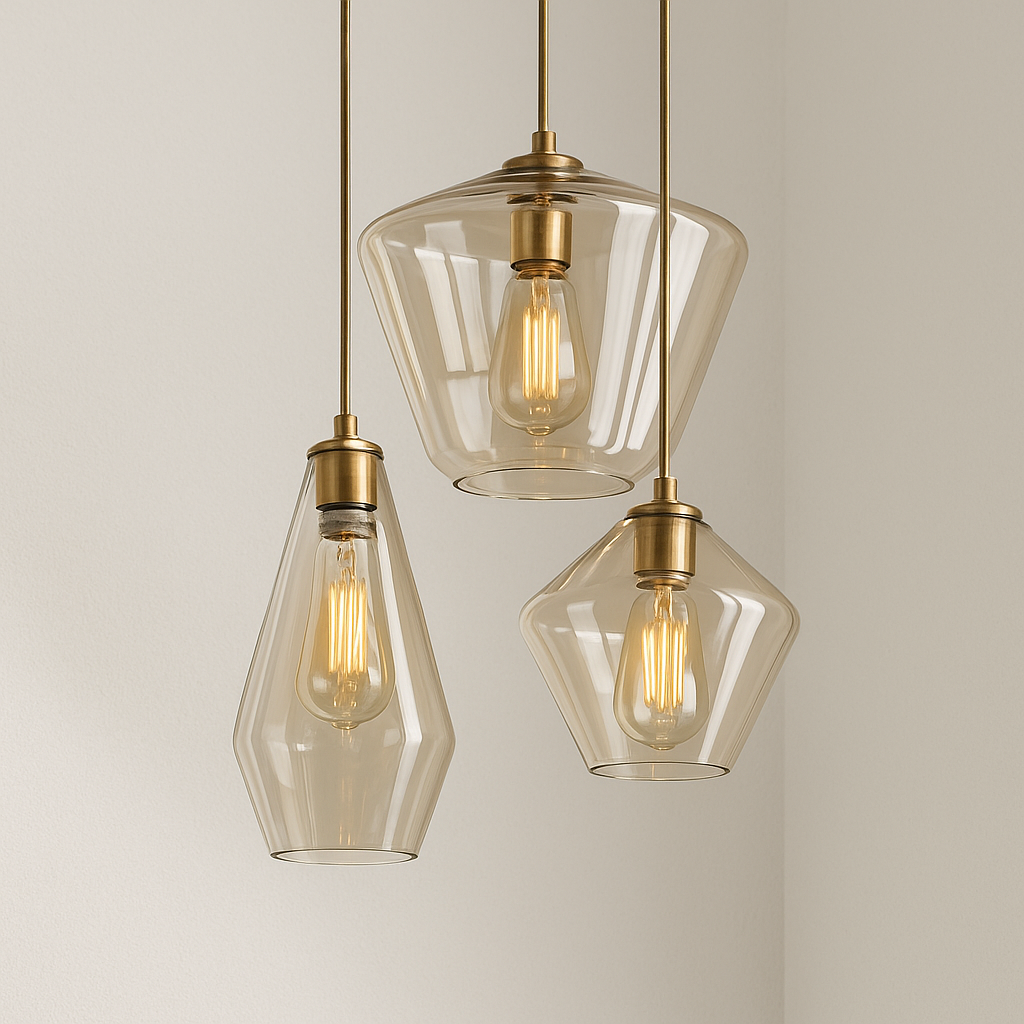 Transparent glass pendant lamp with geometric shapes