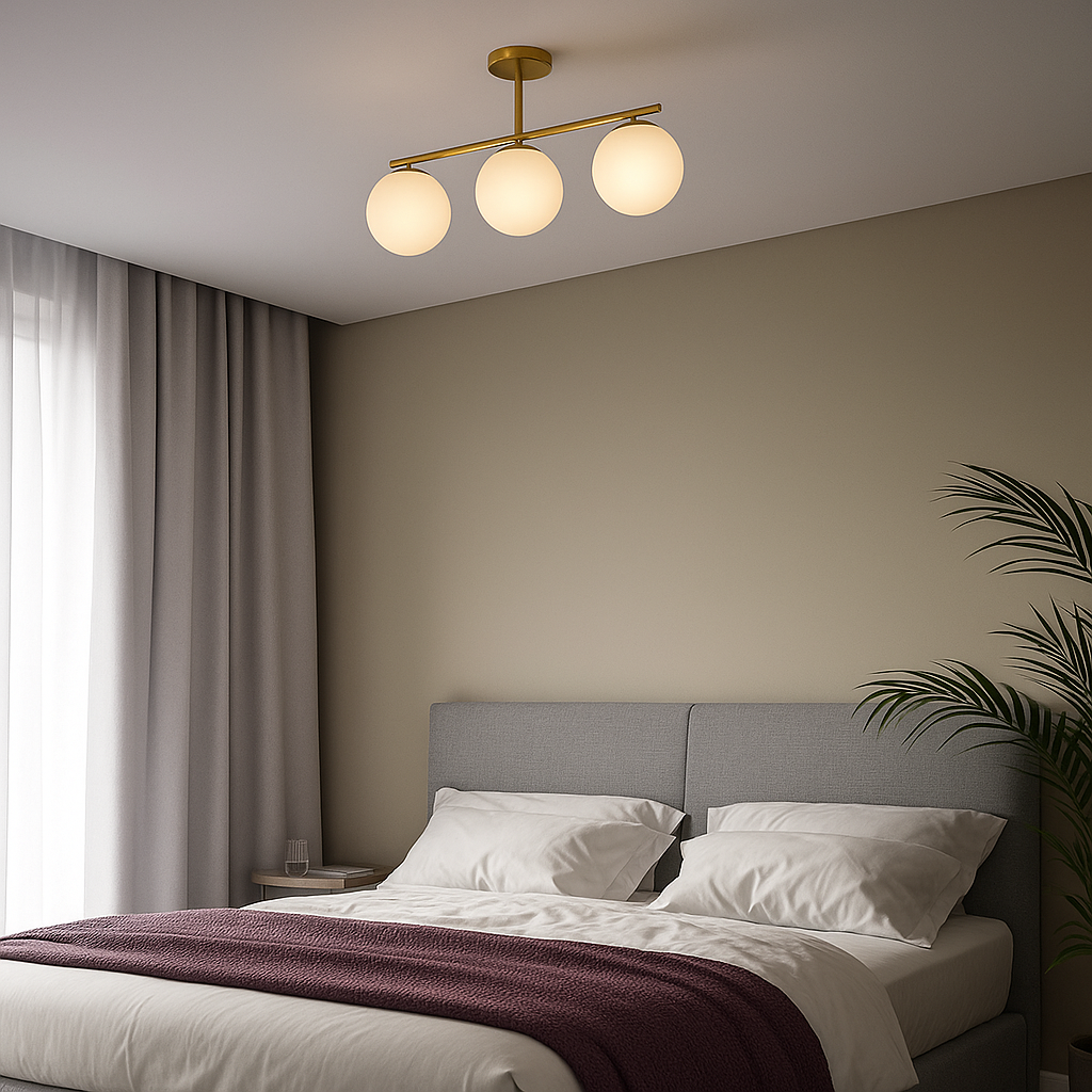 Ceiling lamp with three glass globes and golden frame