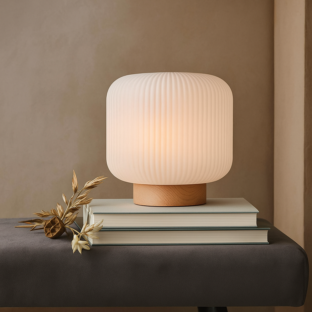 Table lamp with opal glass and wooden base