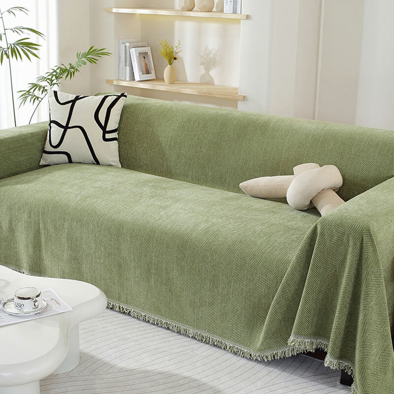 Elegant Chenille Sofa Throw Soft Herringbone Blanket with Tassels