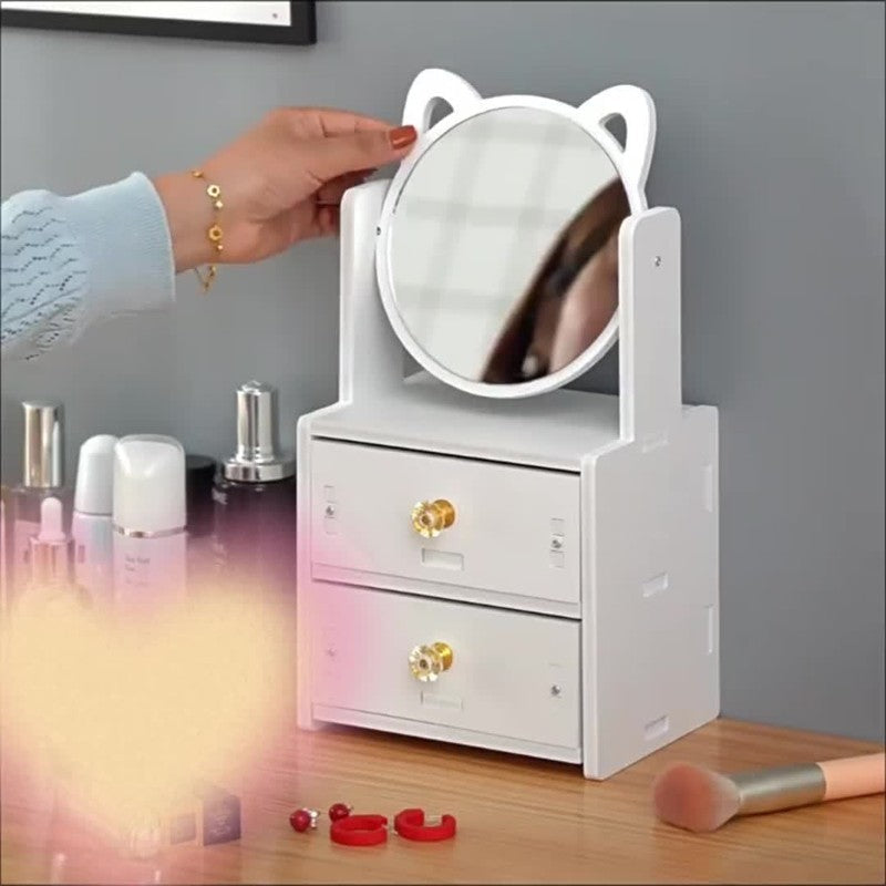 Cat Ear Vanity Mirror with Storage Rotating Tabletop Makeup & Jewelry