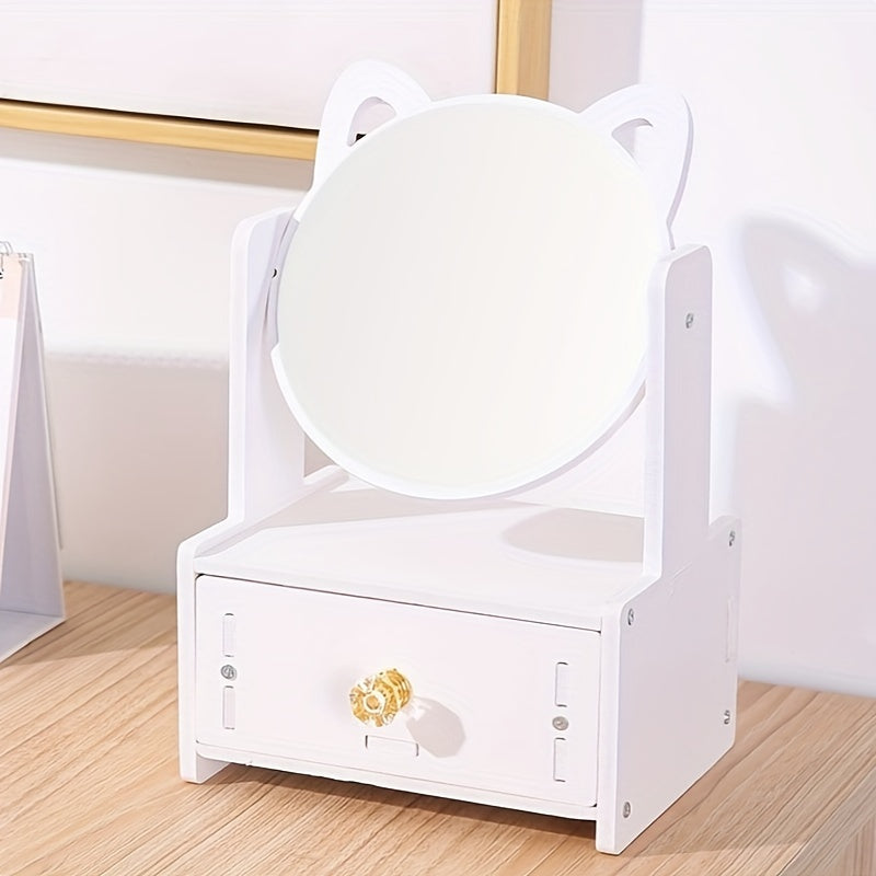 Cat Ear Vanity Mirror with Storage Rotating Tabletop Makeup & Jewelry