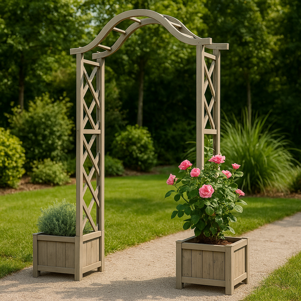 Houten Rozenboog met Plantenbakken