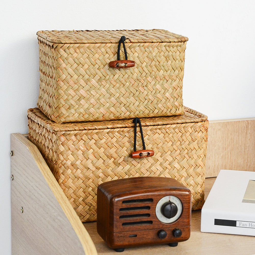 Natural Seagrass Basket Storage Box with Lid for Home Organization