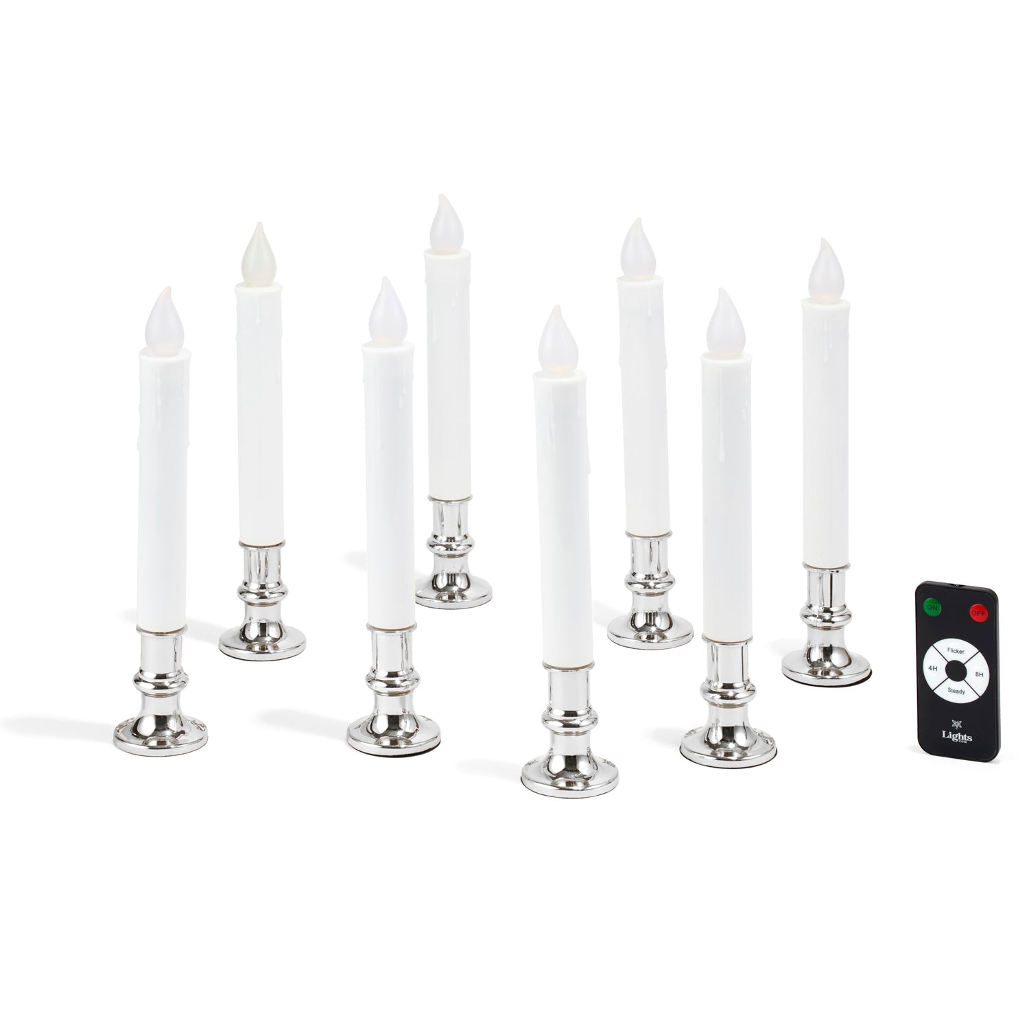 Set of eight LED candles with silver-colored base
