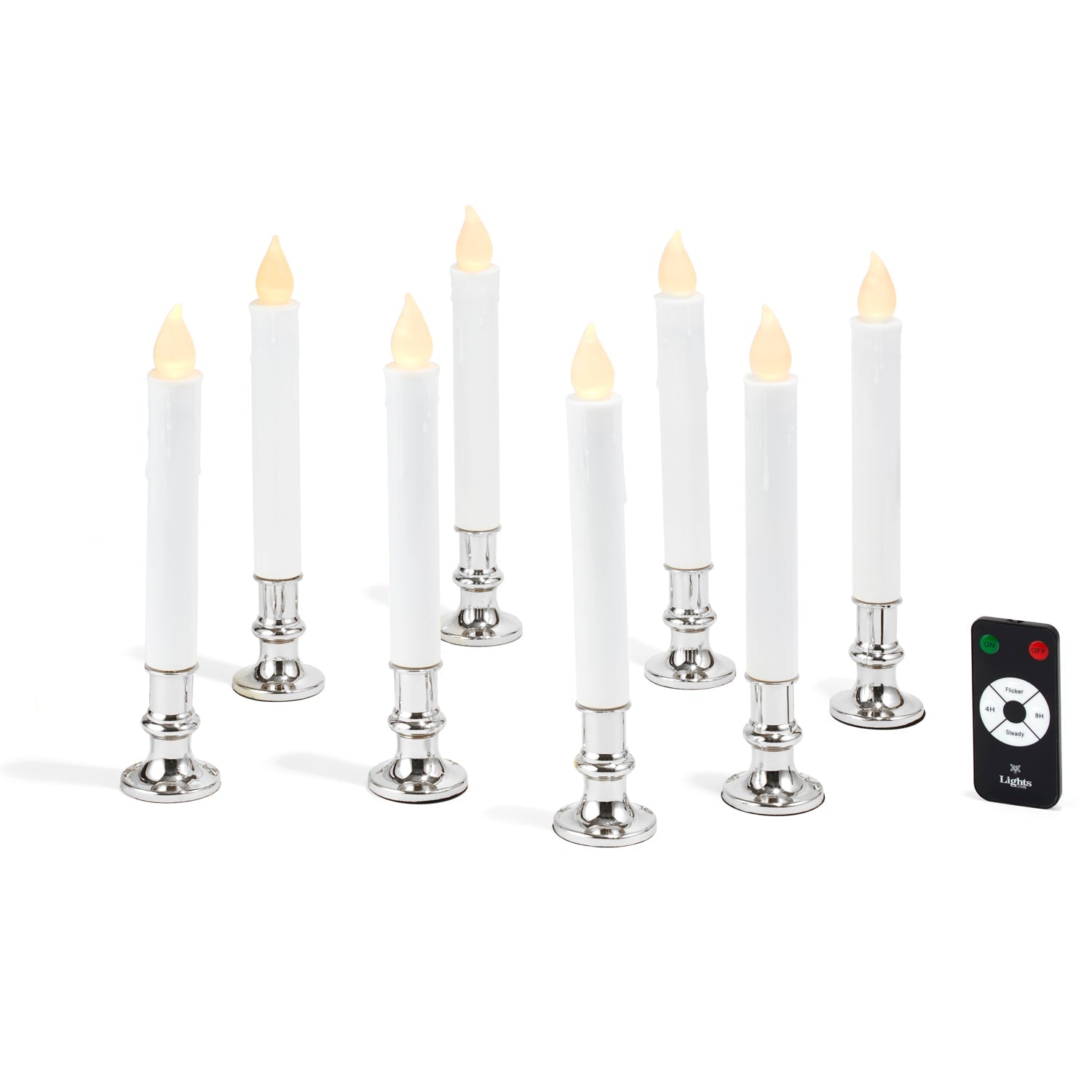 Set of eight LED candles with silver-colored base