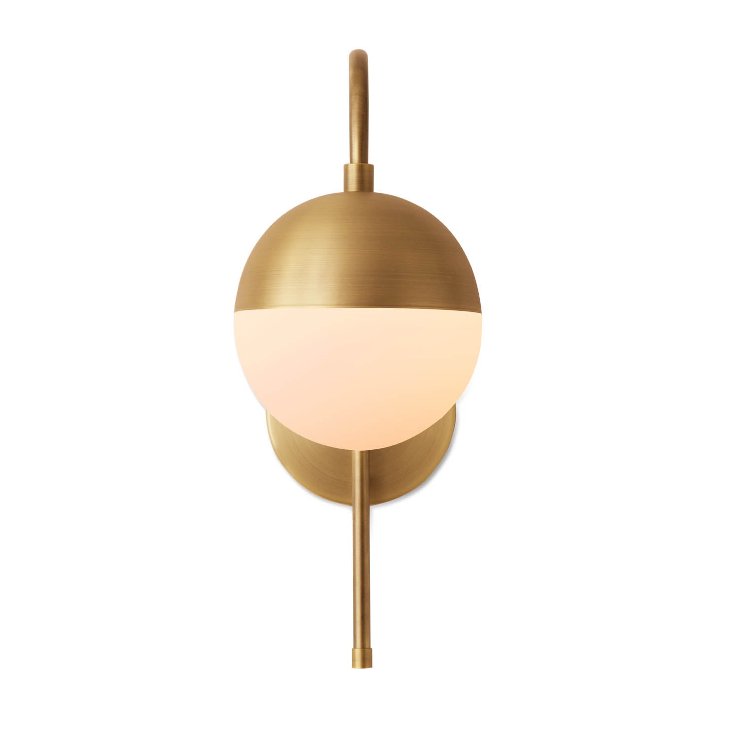 Wall lamp with curved brass frame and opal glass globe