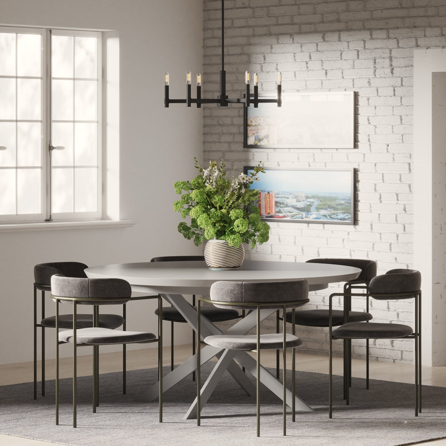 Industrial pendant lamp with six arms in a round arrangement