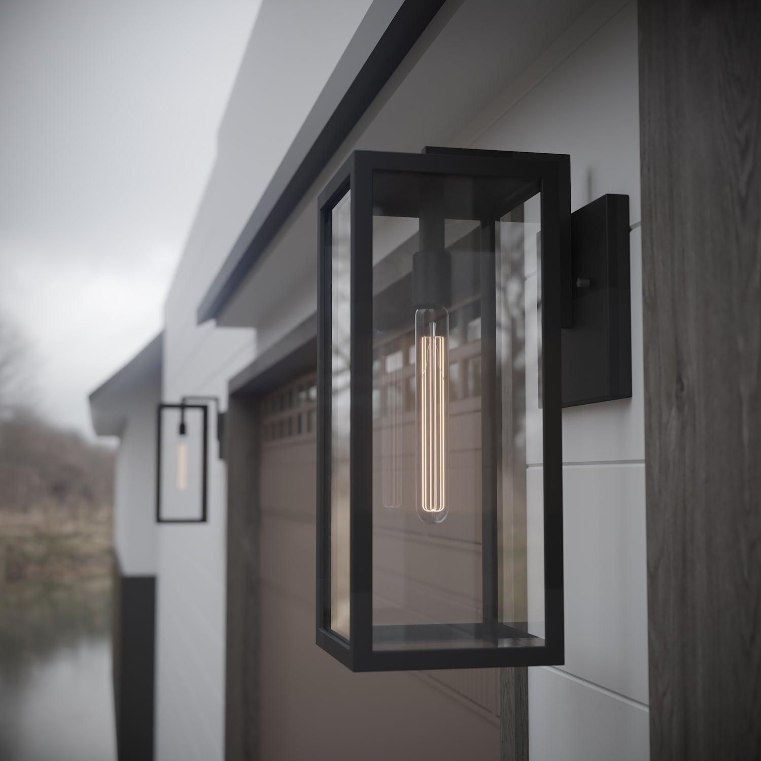 Wall lamp with glass panels and black metal frame