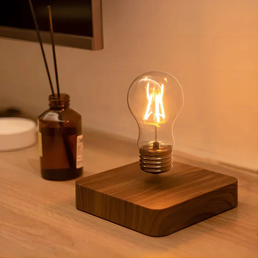 Floating table lamp with walnut wood base