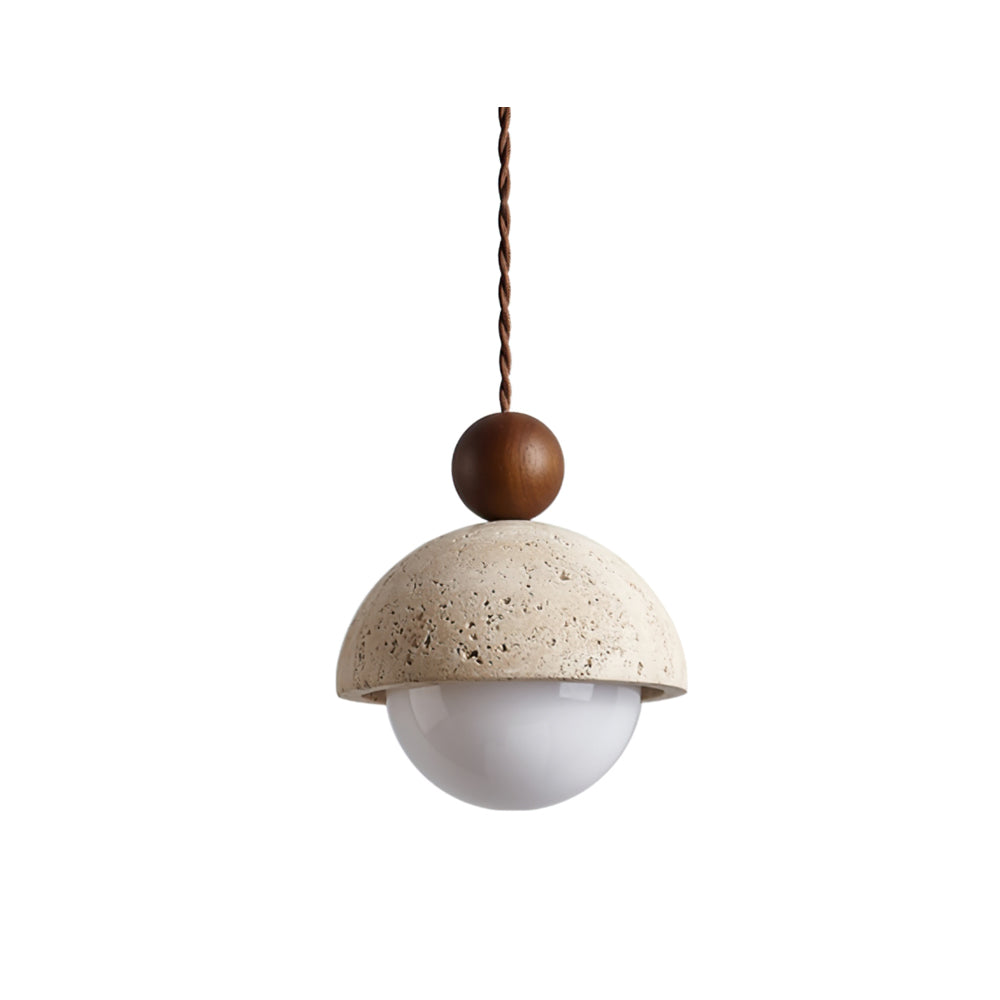 Travertine Pendant Light with Glass Globe – Modern Stone Ceiling Lamp