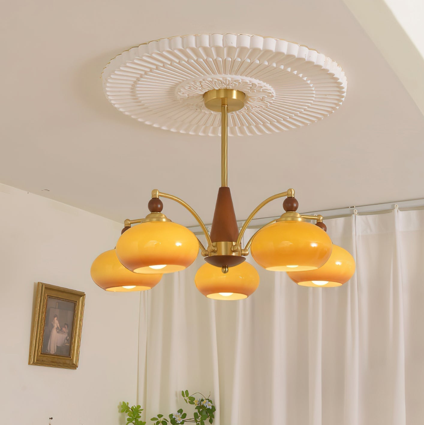 Retro Chandelier Cluster in Vintage Wood & Brass