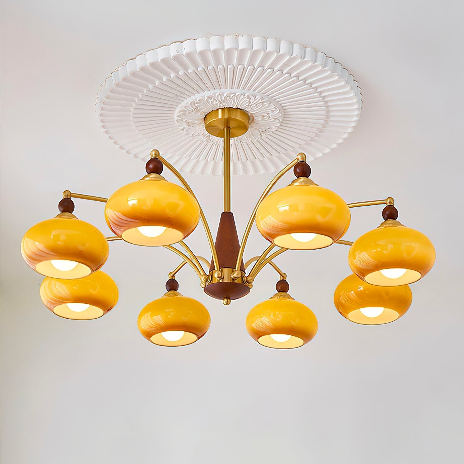 Retro Chandelier Cluster in Vintage Wood & Brass