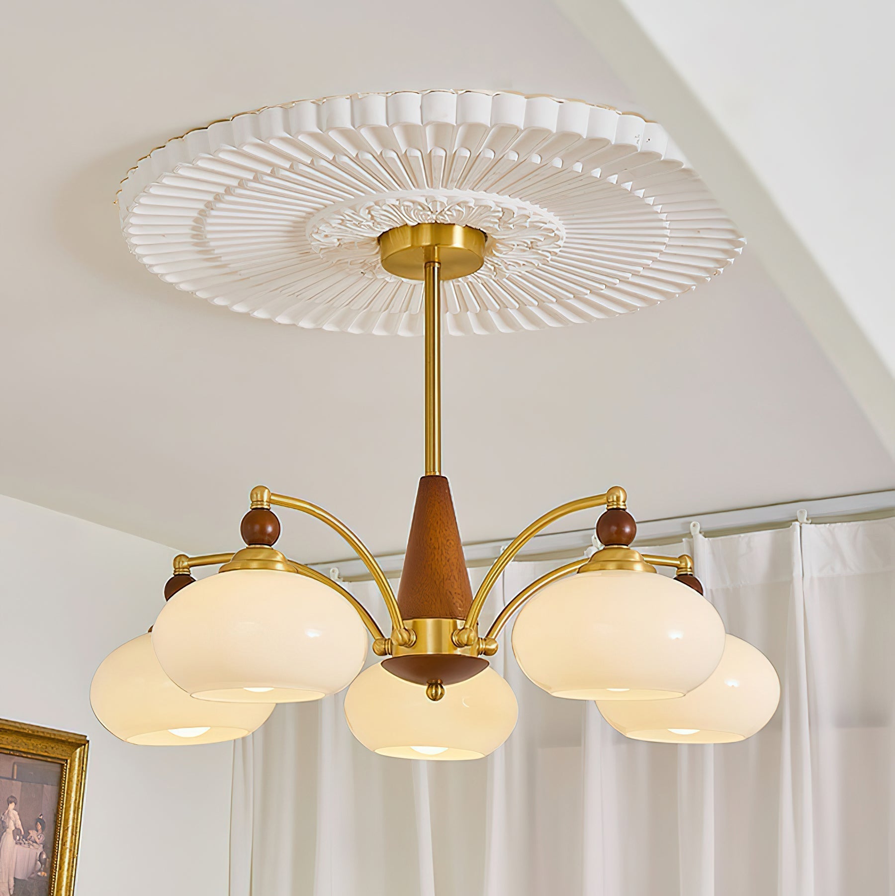 Retro Chandelier Cluster in Vintage Wood & Brass