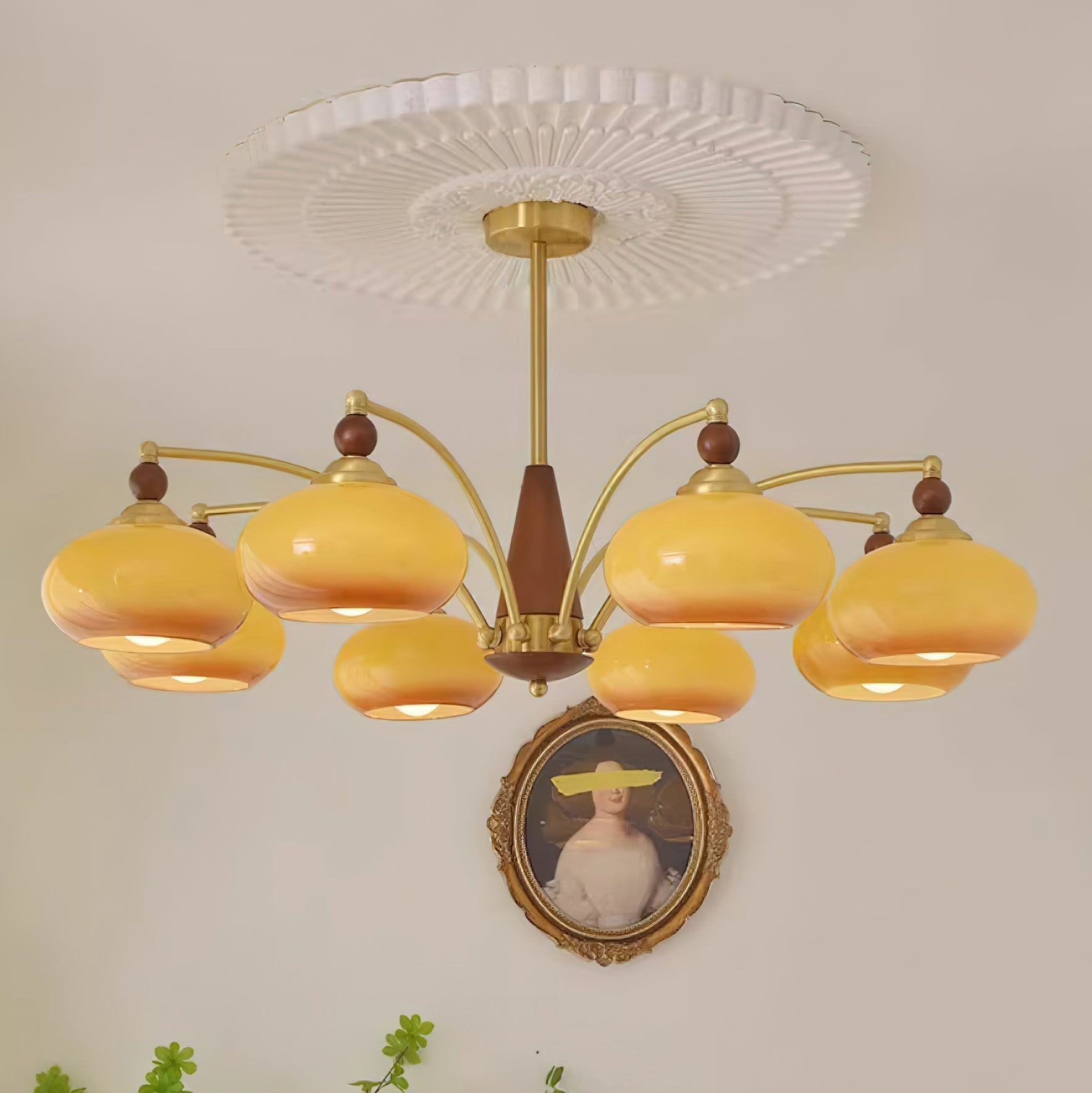 Retro Chandelier Cluster in Vintage Wood & Brass