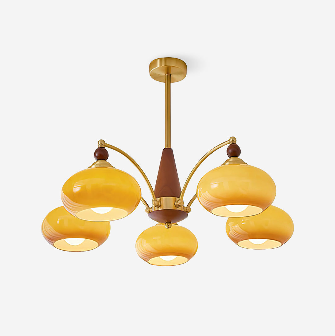 Retro Chandelier Cluster in Vintage Wood & Brass