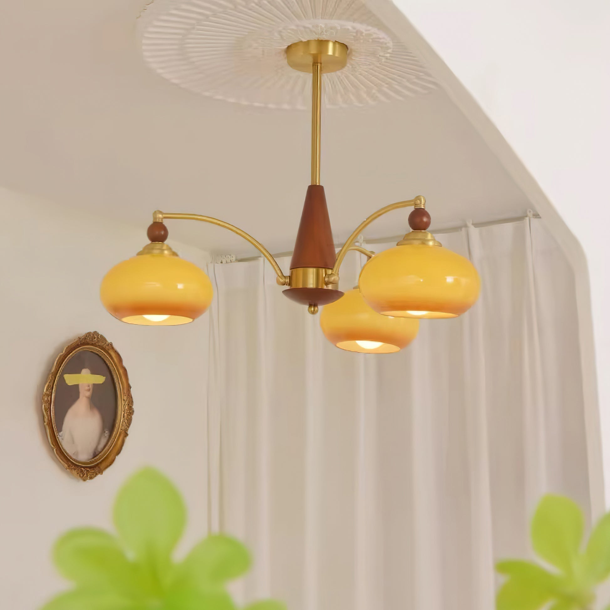 Retro Chandelier Cluster in Vintage Wood & Brass