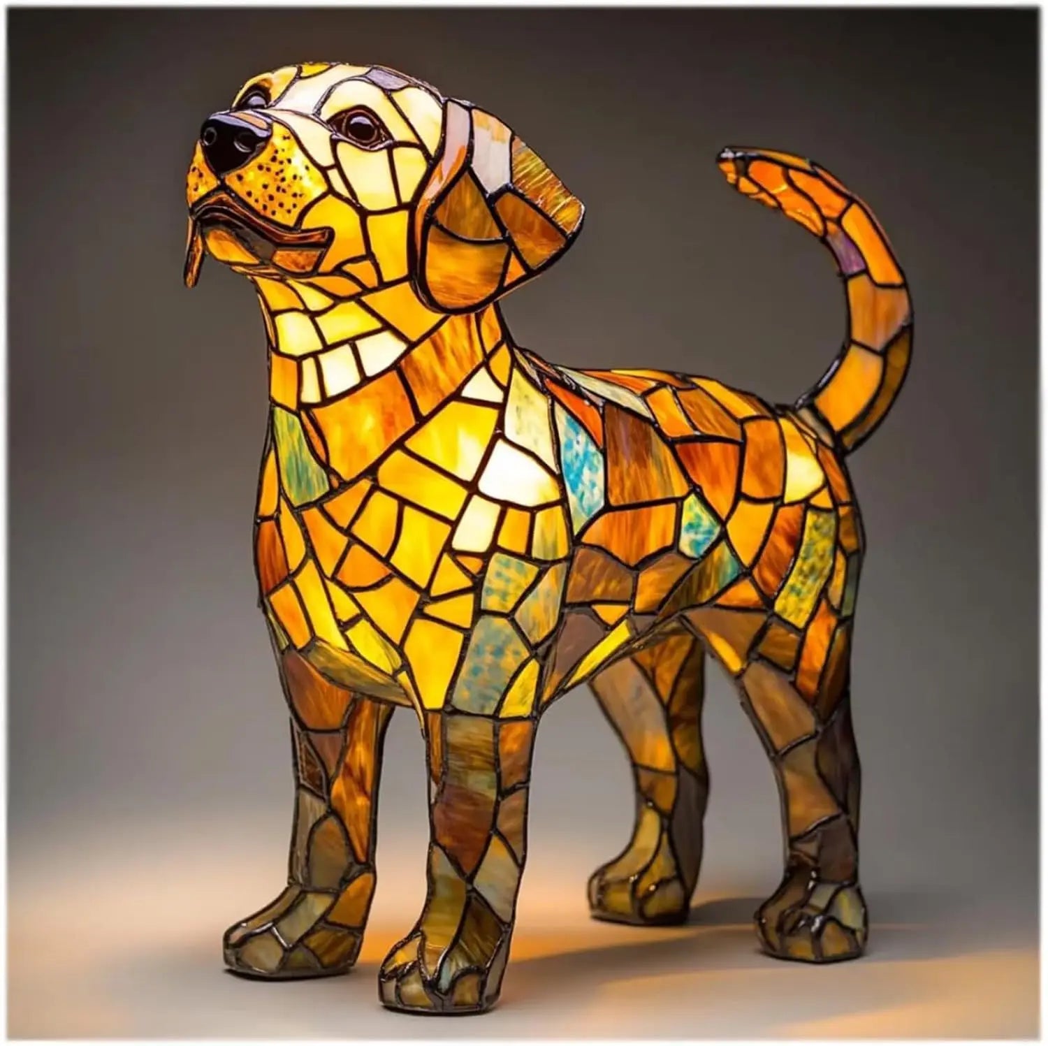 Decorative Fantasy Cute Dog Stained Glass Table Lamp – Artistic Colorful Lighting