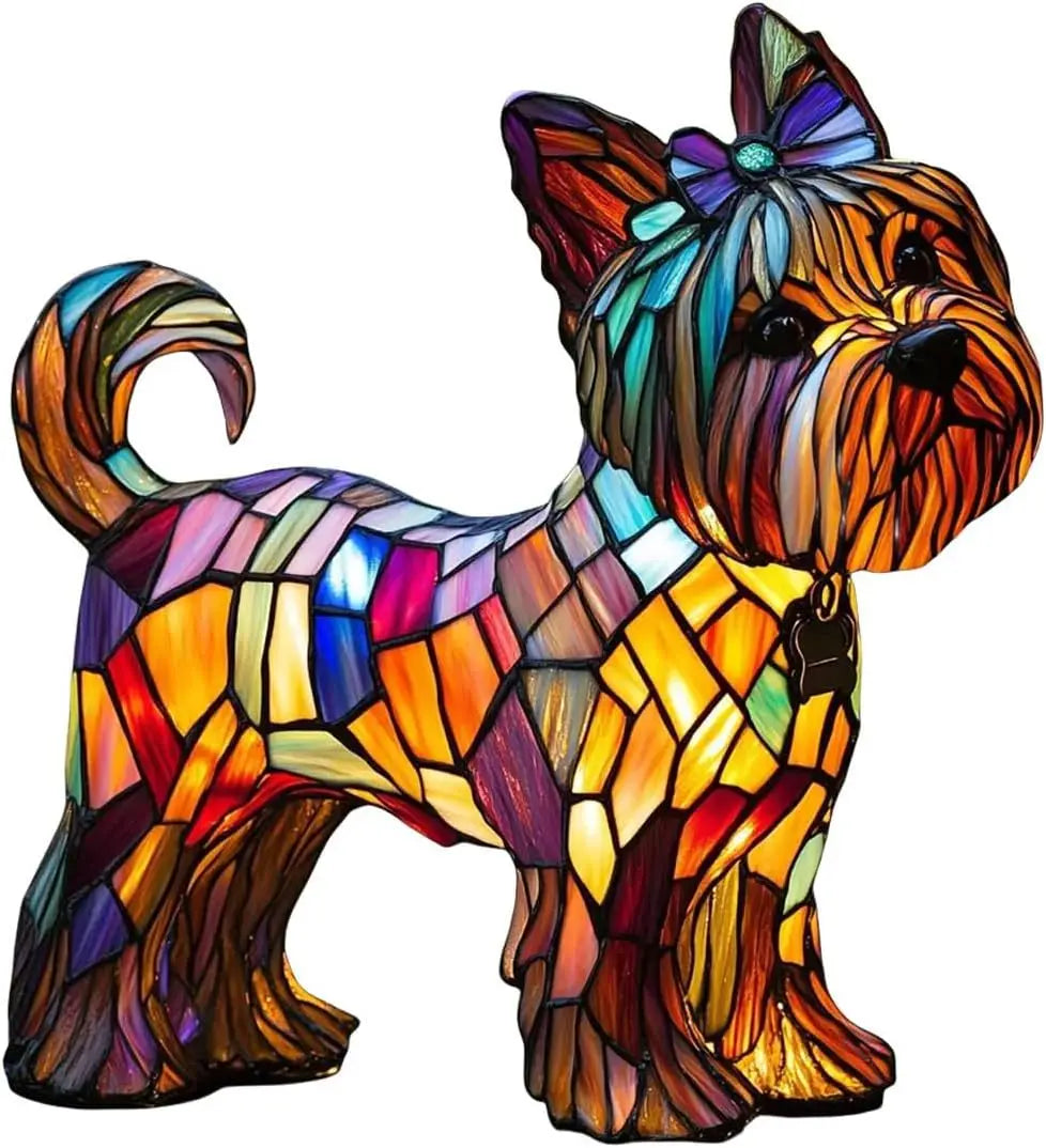 Decorative Fantasy Cute Dog Stained Glass Table Lamp – Artistic Colorful Lighting