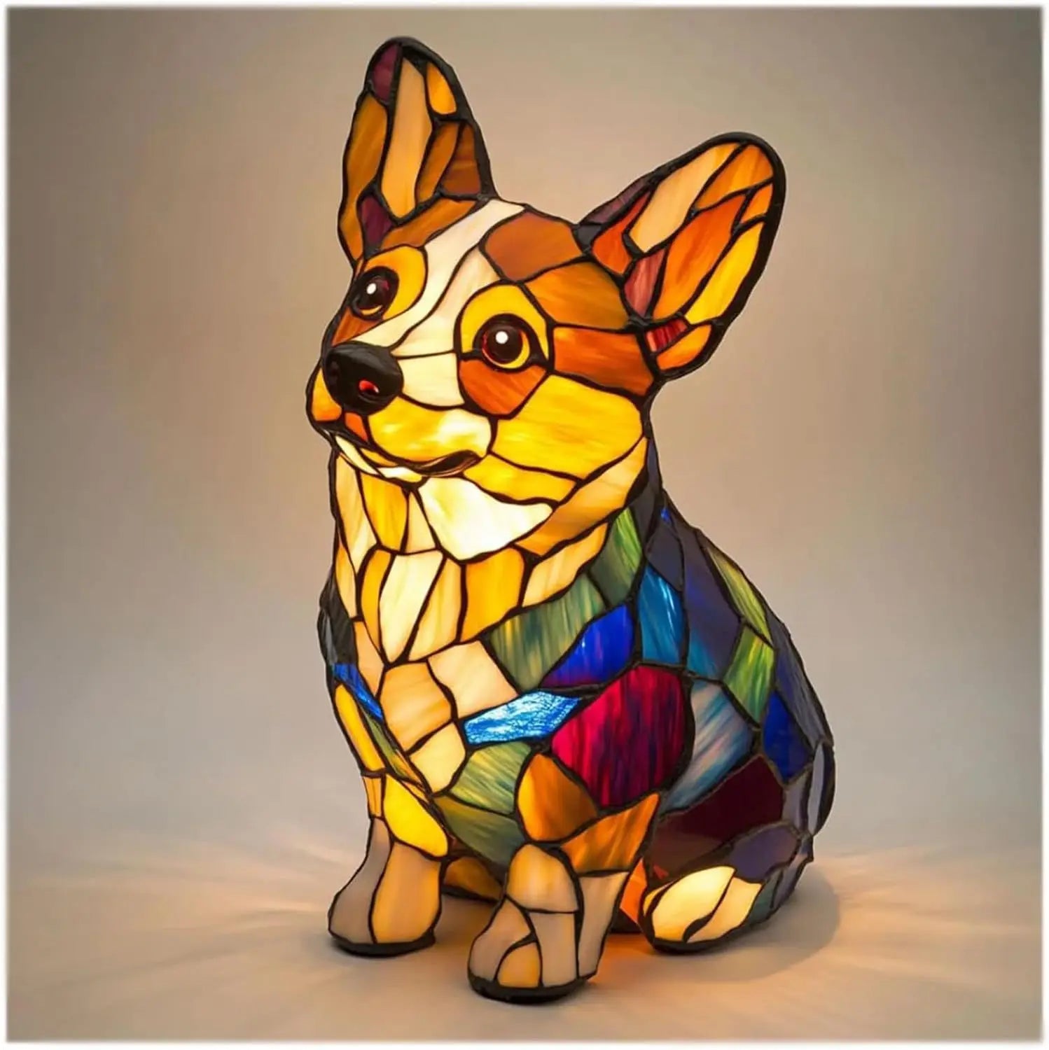Decorative Fantasy Cute Dog Stained Glass Table Lamp – Artistic Colorful Lighting