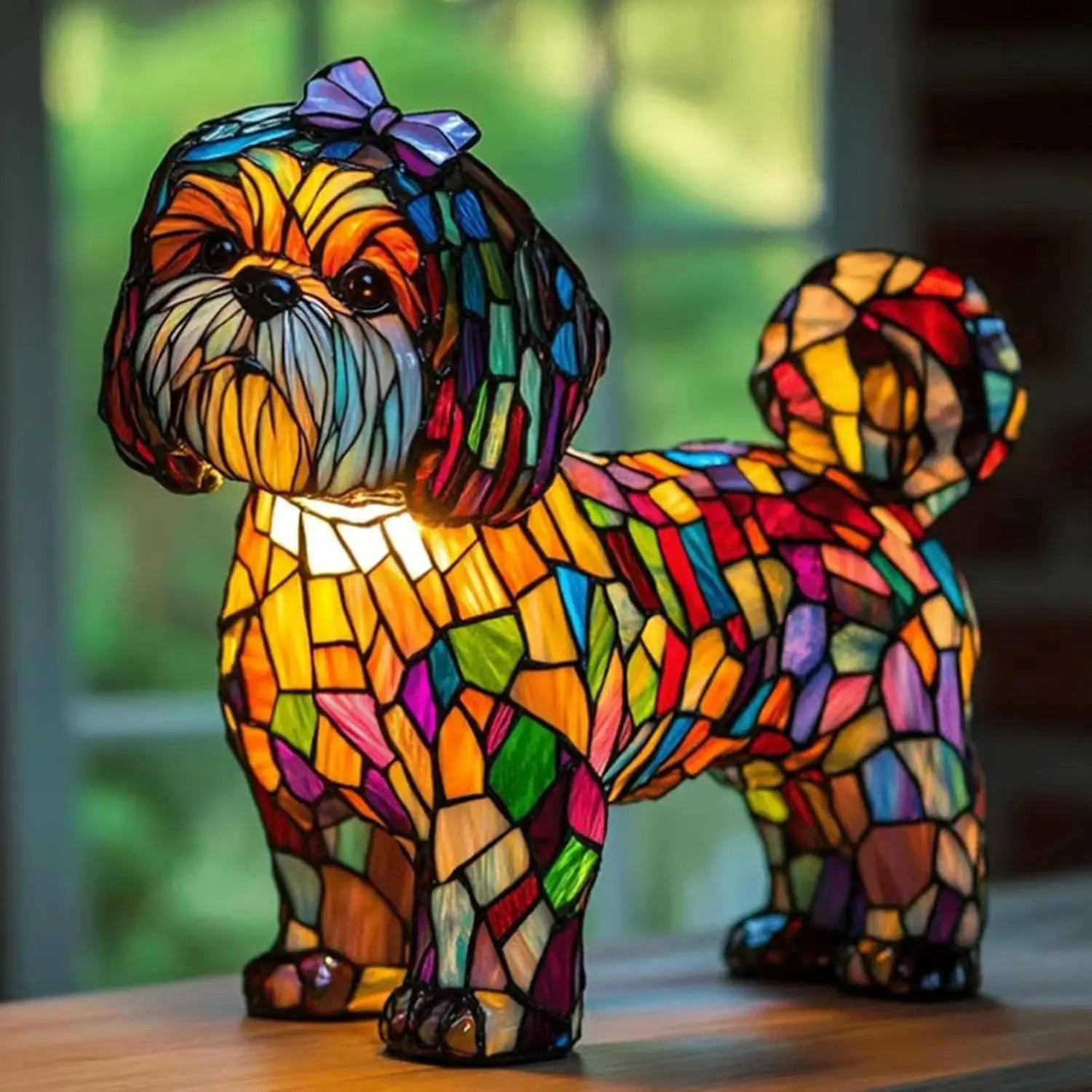 Decorative Fantasy Cute Dog Stained Glass Table Lamp – Artistic Colorful Lighting
