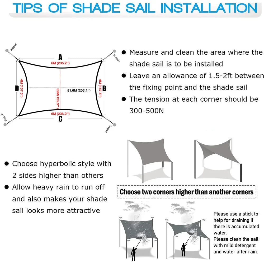 Waterproof Rectangular Sun Shade Sail UV Protection Garden Cover