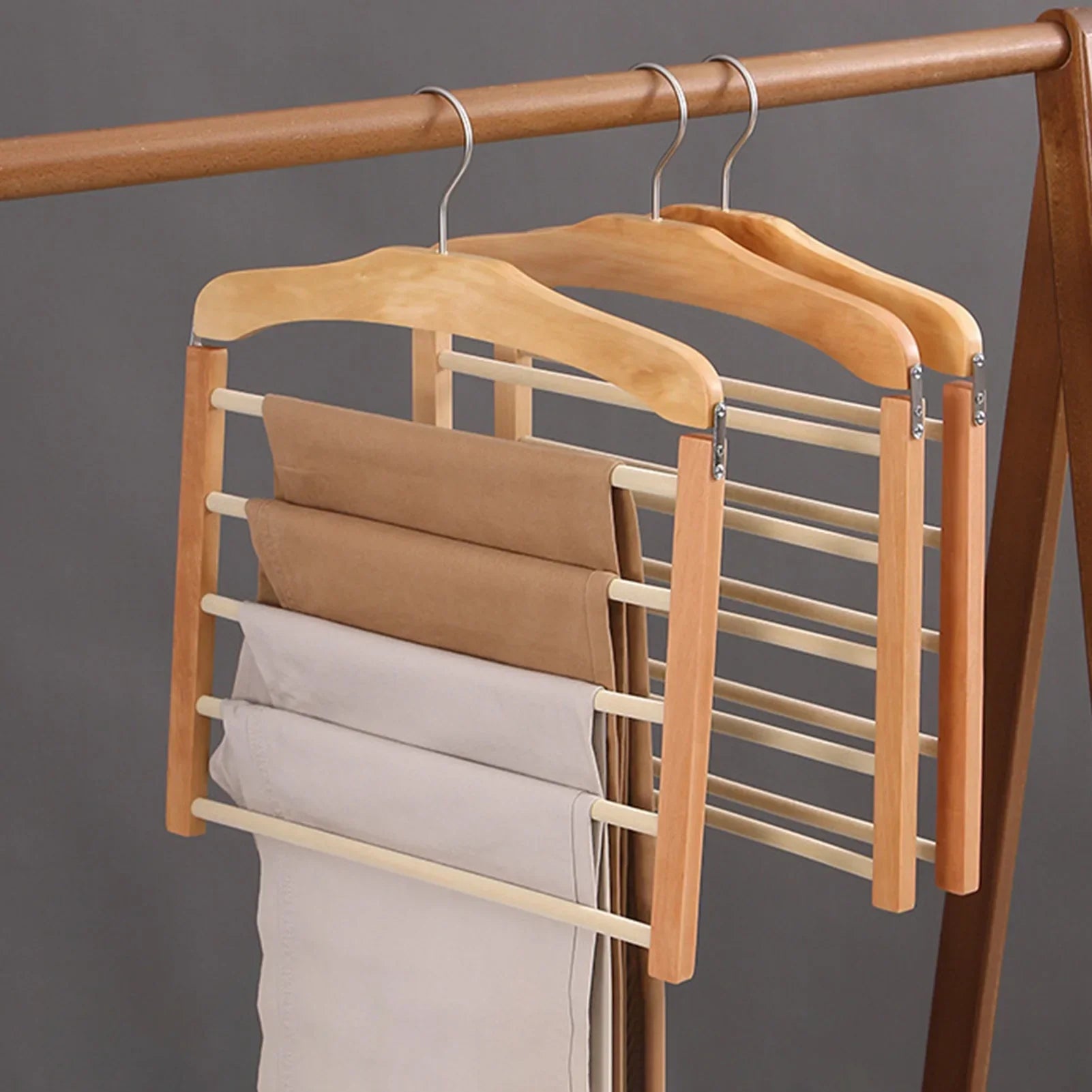 Multi-Layer Wooden Trouser Organizer Elegant Space-Saving Hanger