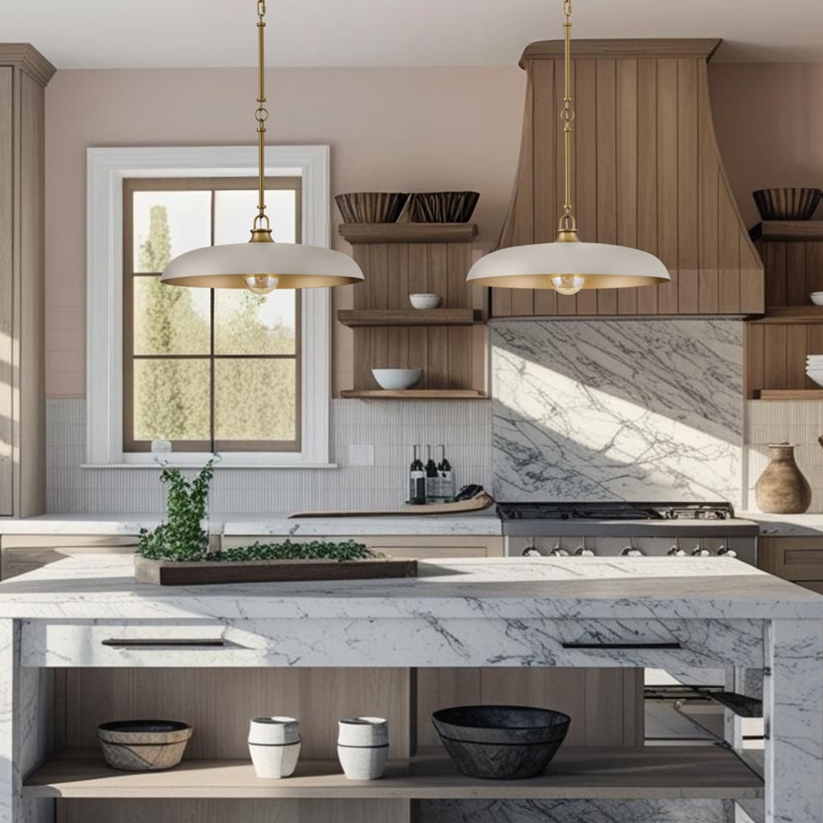 Sadie pendant lamp with shallow dish shade and chain suspension