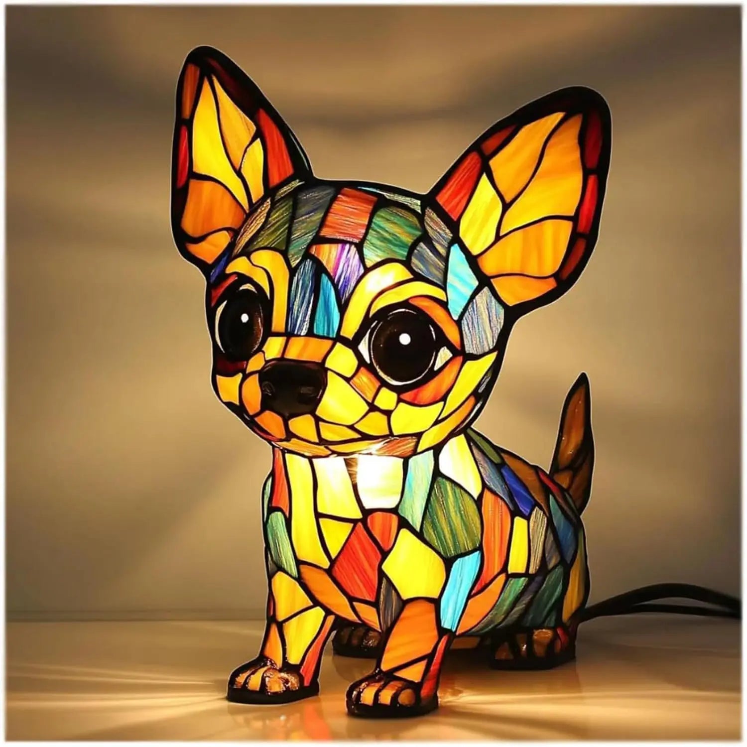 Decorative Fantasy Cute Dog Stained Glass Table Lamp – Artistic Colorful Lighting