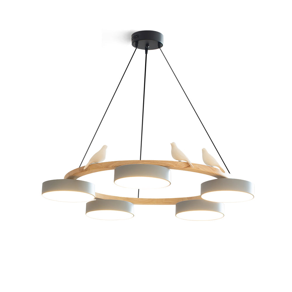 Nature-Inspired Bird Chandelier Round Wooden Frame with LED
