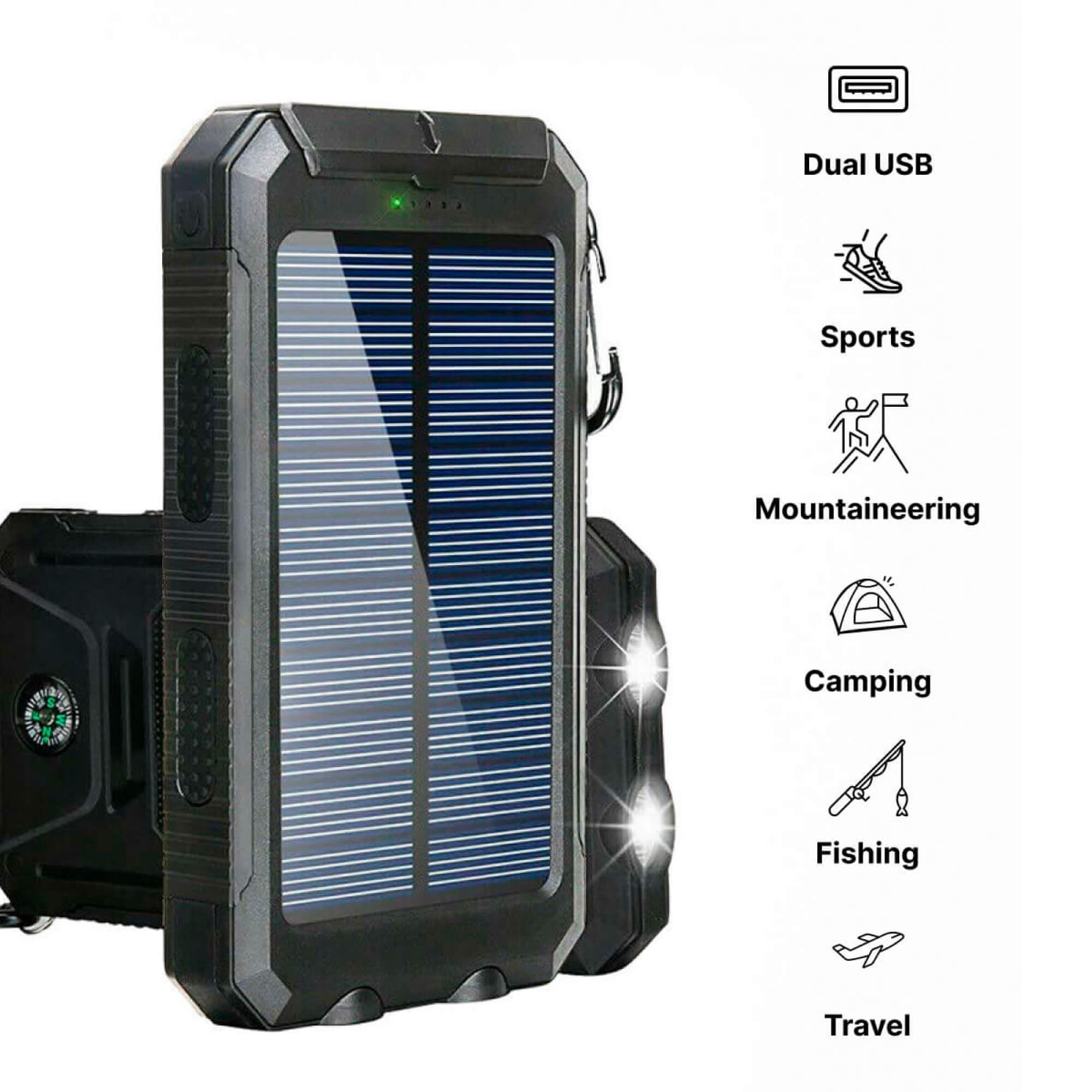 20000mAh Solar Power Bank Waterproof Portable Dual-USB Charger