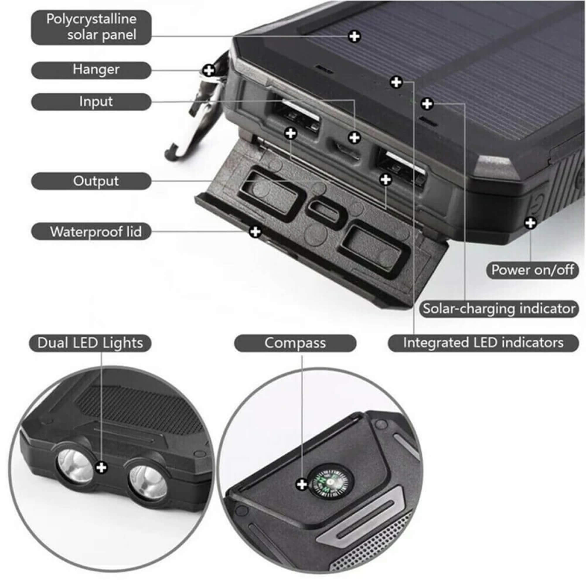 20000mAh Solar Power Bank Waterproof Portable Dual-USB Charger