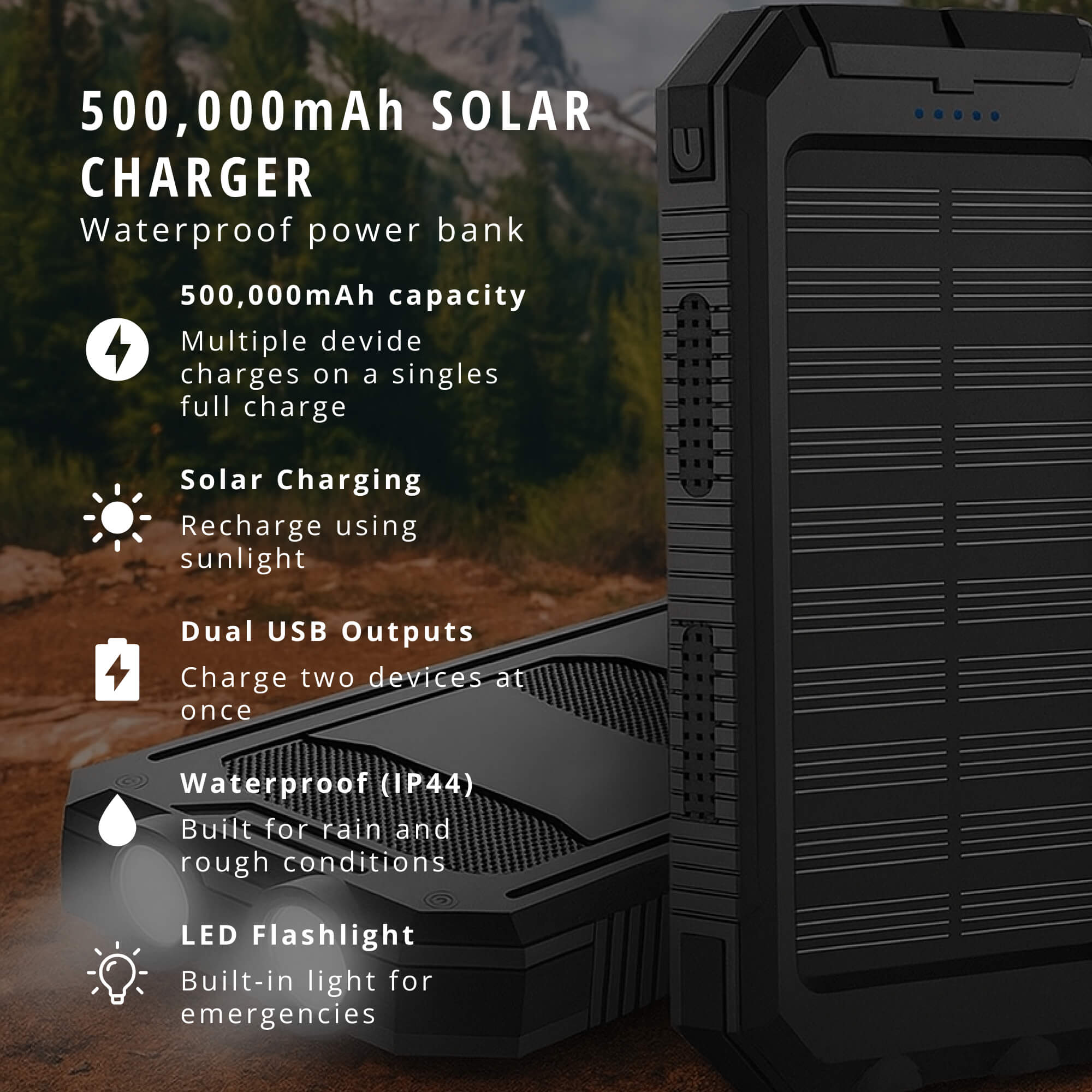 20000mAh Solar Power Bank Waterproof Portable Dual-USB Charger