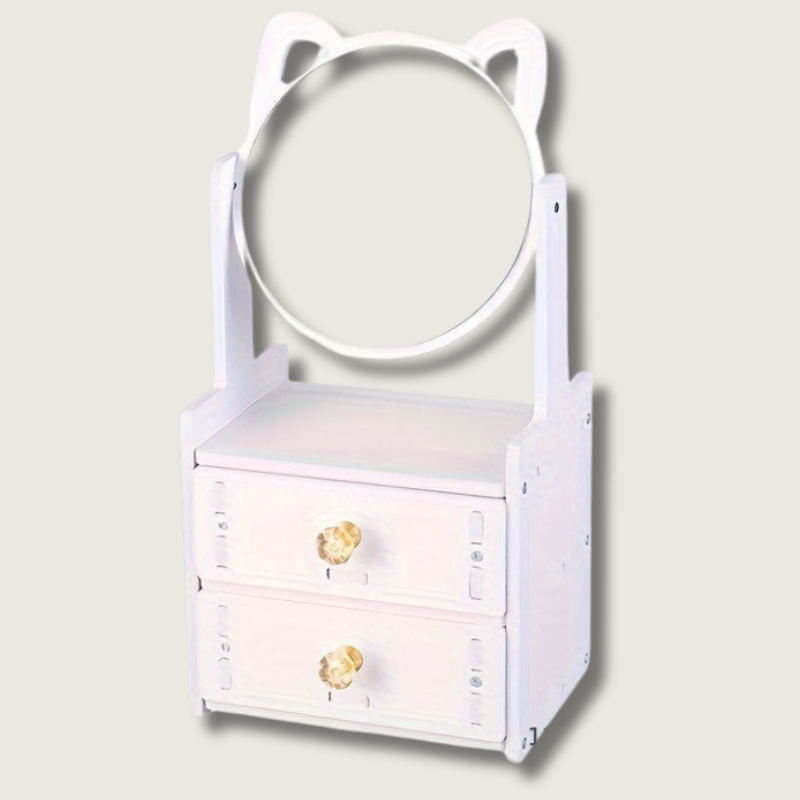 Cat Ear Vanity Mirror with Storage Rotating Tabletop Makeup & Jewelry