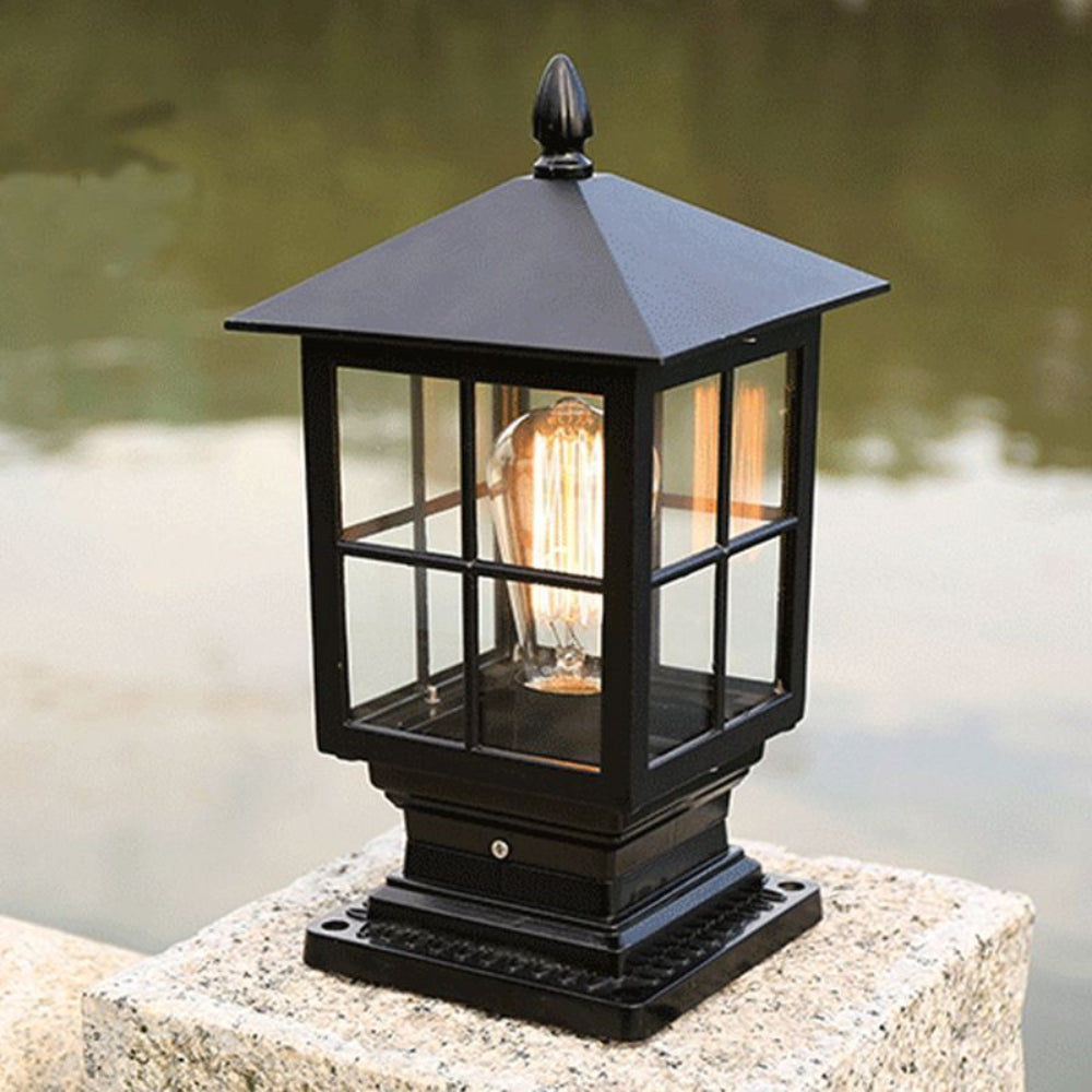 Classic Outdoor Post Light Black Metal Lantern with Glass Panels