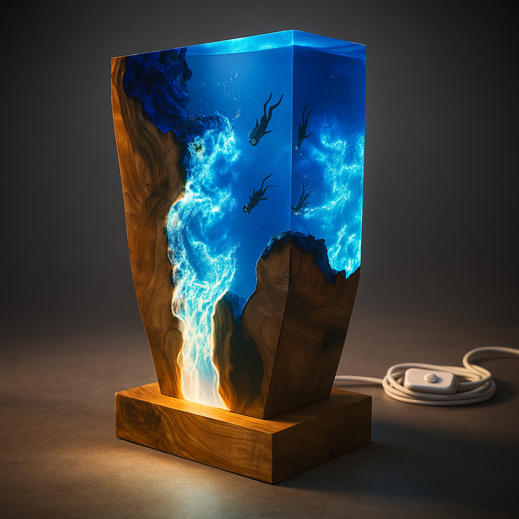 Ocean depth diving lamp in resin and wood