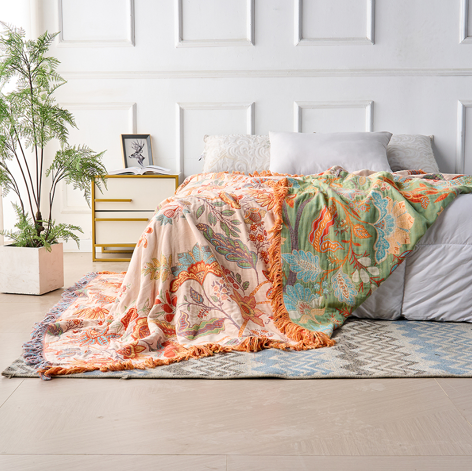 Rustic Boho Floral Blanket Cozy Decorative Throw with Fringe