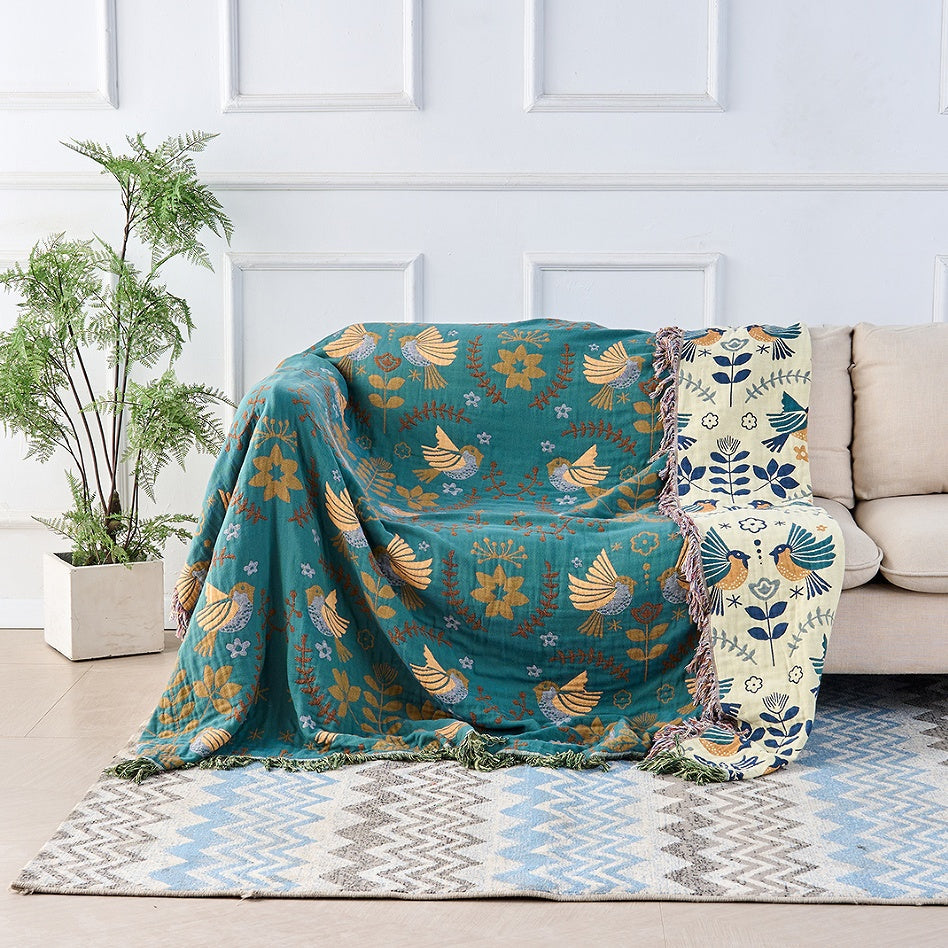 Reversible Scandinavian Bird Blanket Nordic Floral Throw with Double-Sided Design